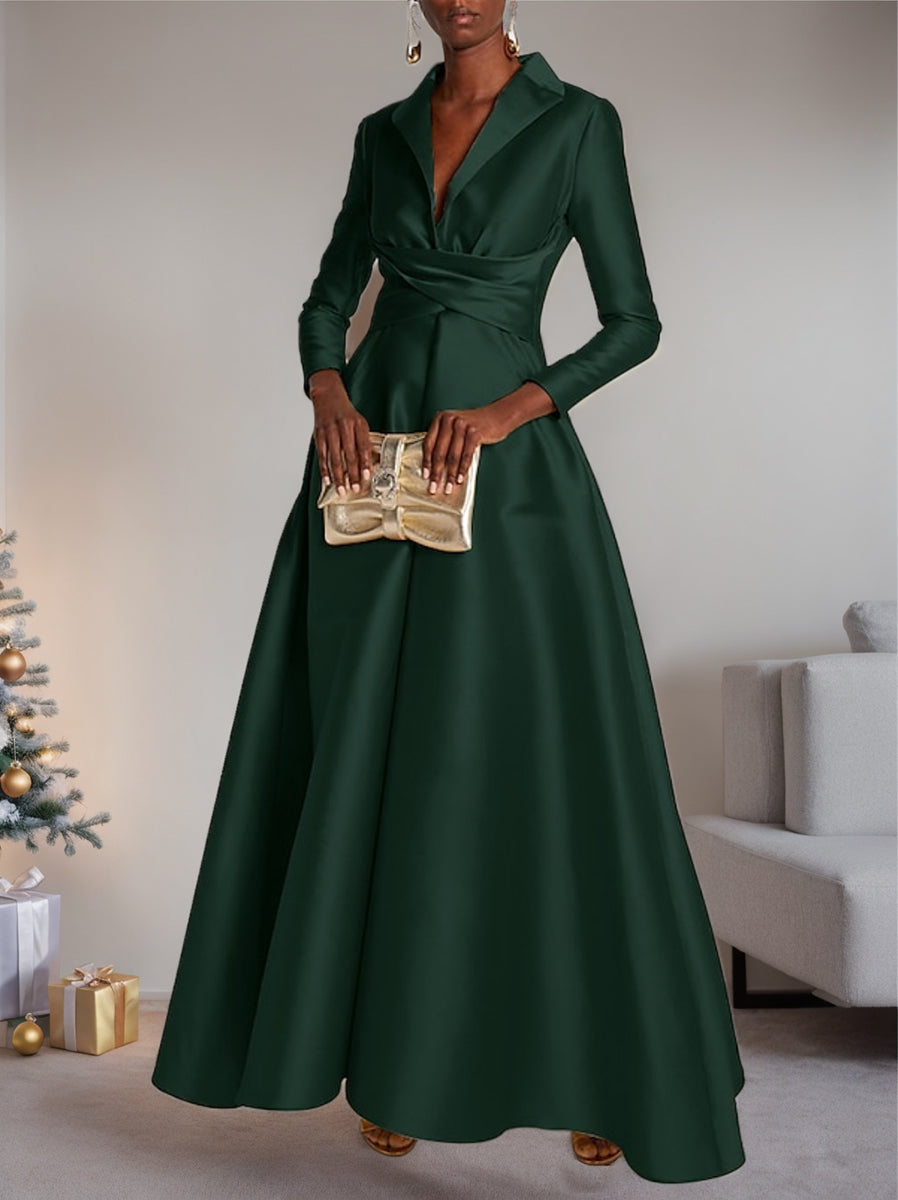 A Line Princess Long Sleeves V Neck Floor Length Evening Dresses