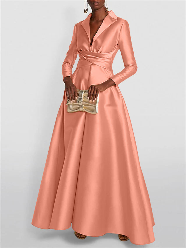 A Line Princess Long Sleeves V Neck Floor Length Evening Dresses