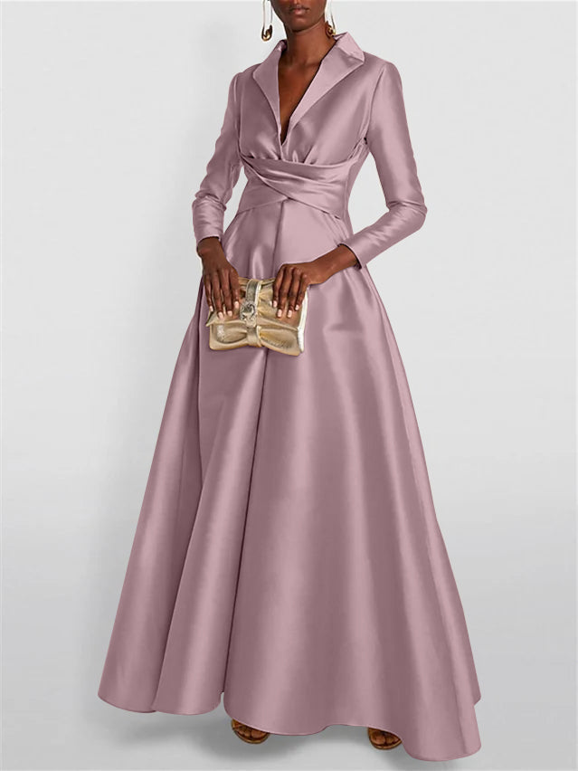 A Line Princess Long Sleeves V Neck Floor Length Evening Dresses