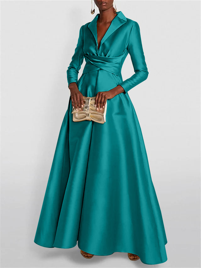 A Line Princess Long Sleeves V Neck Floor Length Evening Dresses