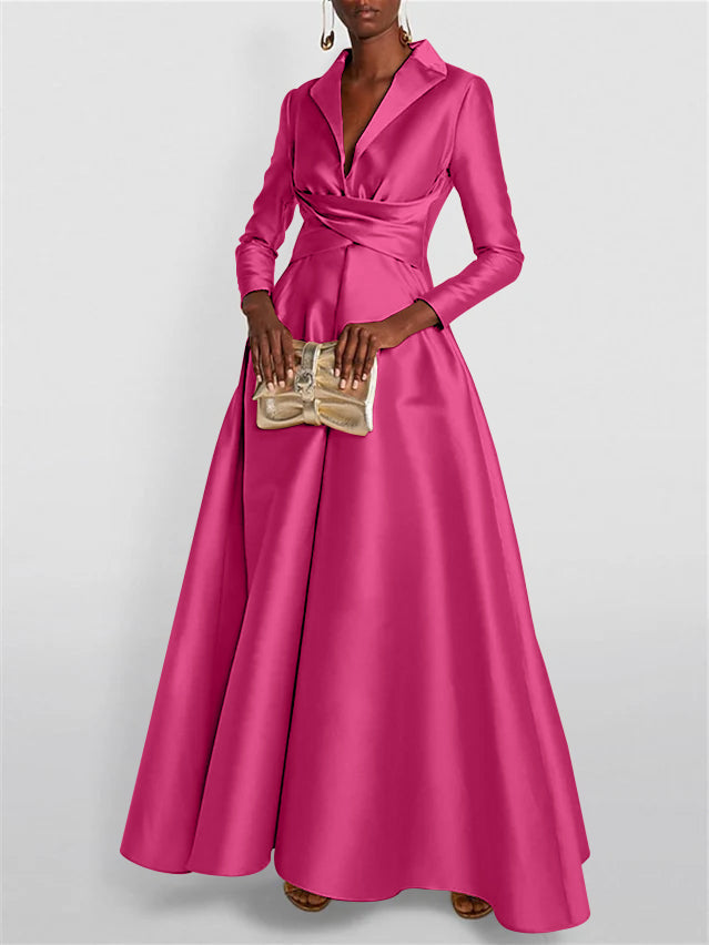 A Line Princess Long Sleeves V Neck Floor Length Evening Dresses