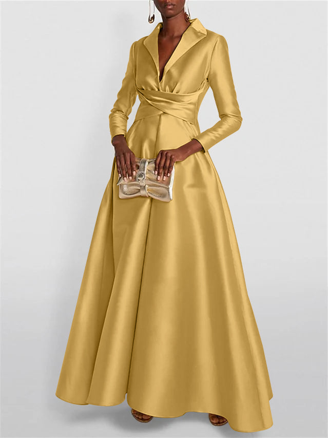 A Line Princess Long Sleeves V Neck Floor Length Evening Dresses