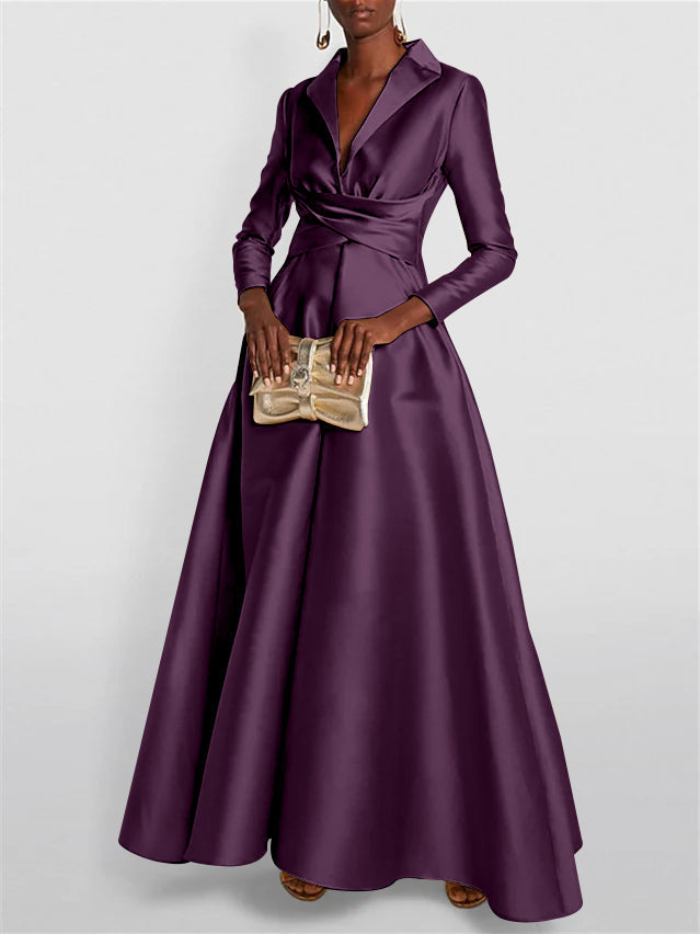 A Line Princess Long Sleeves V Neck Floor Length Evening Dresses