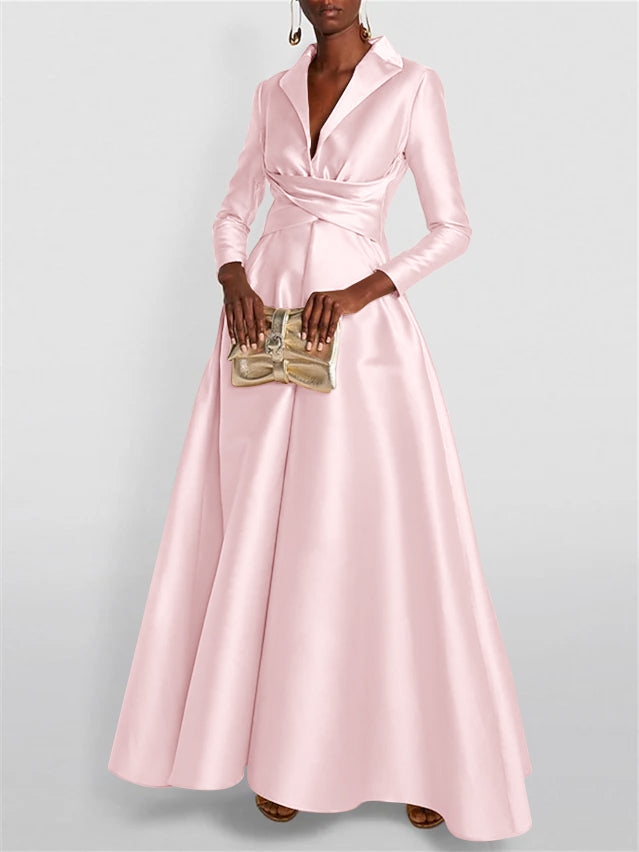 A Line Princess Long Sleeves V Neck Floor Length Evening Dresses