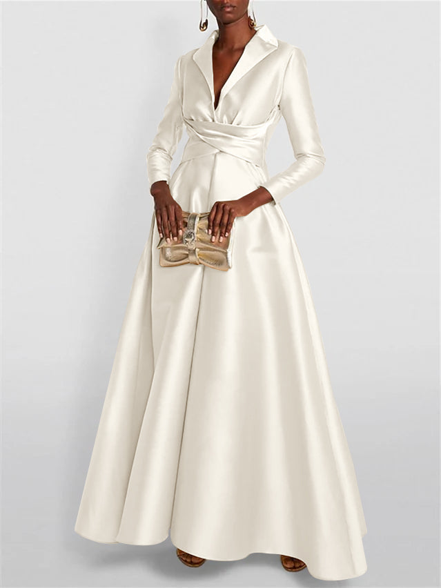 A Line Princess Long Sleeves V Neck Floor Length Evening Dresses
