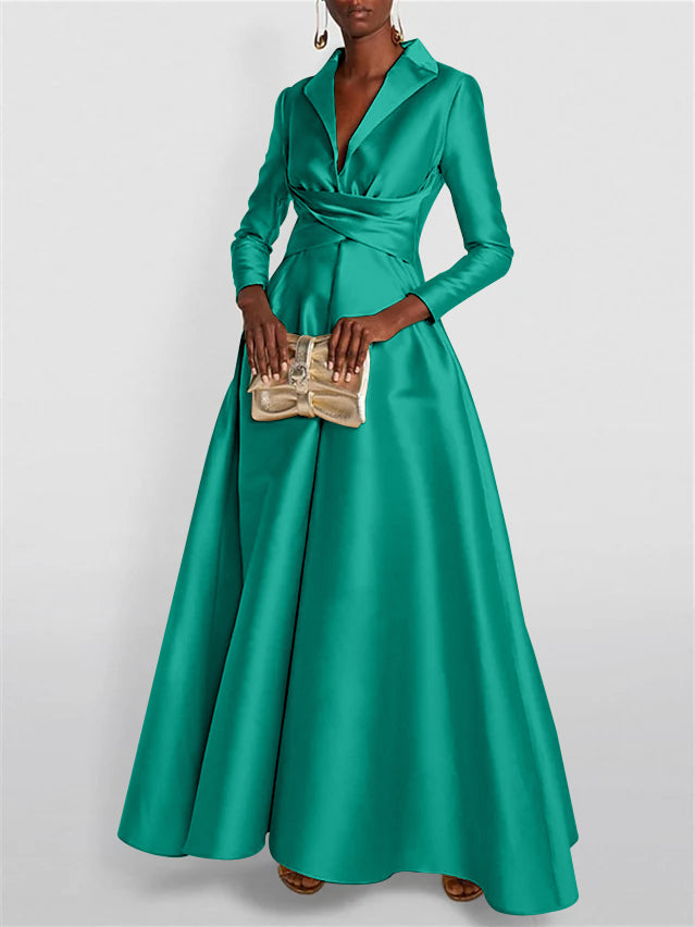 A Line Princess Long Sleeves V Neck Floor Length Evening Dresses