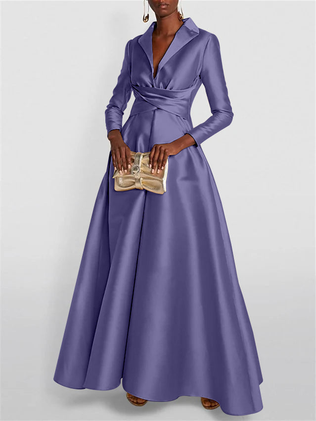 A Line Princess Long Sleeves V Neck Floor Length Evening Dresses