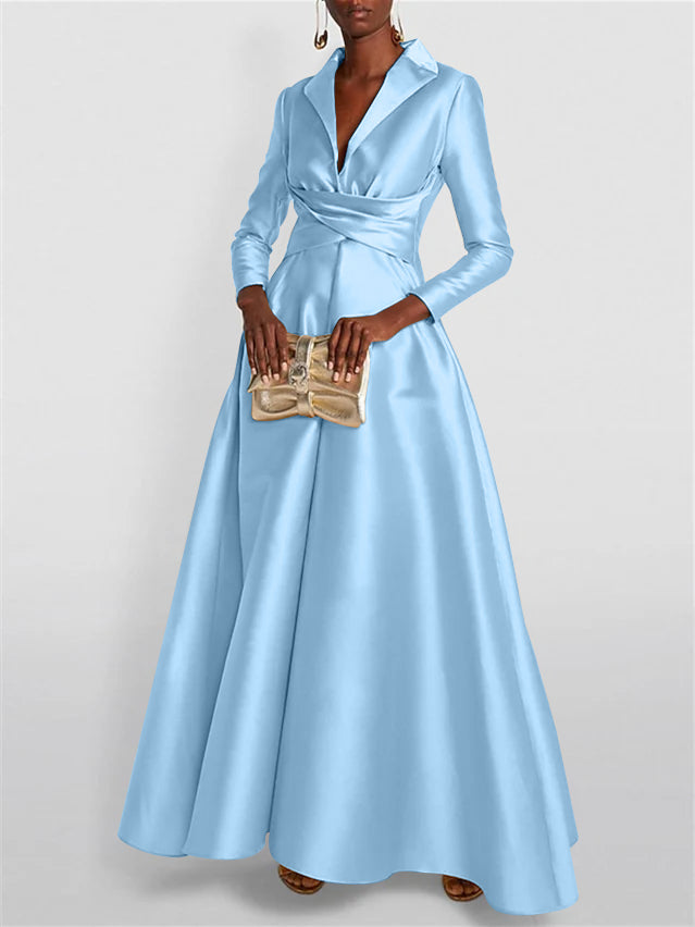 A Line Princess Long Sleeves V Neck Floor Length Evening Dresses