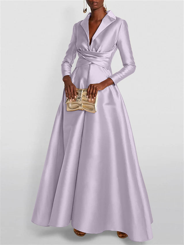 A Line Princess Long Sleeves V Neck Floor Length Evening Dresses