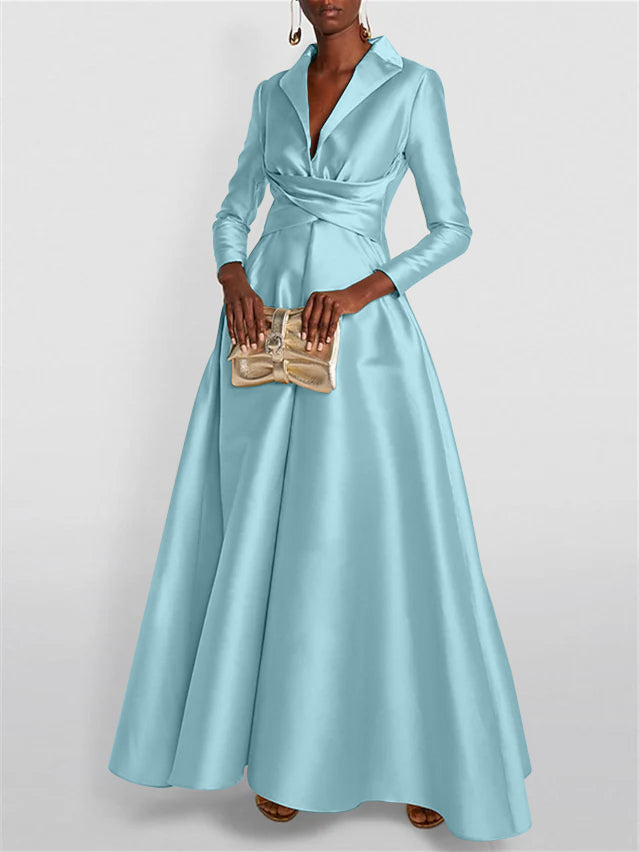 A Line Princess Long Sleeves V Neck Floor Length Evening Dresses