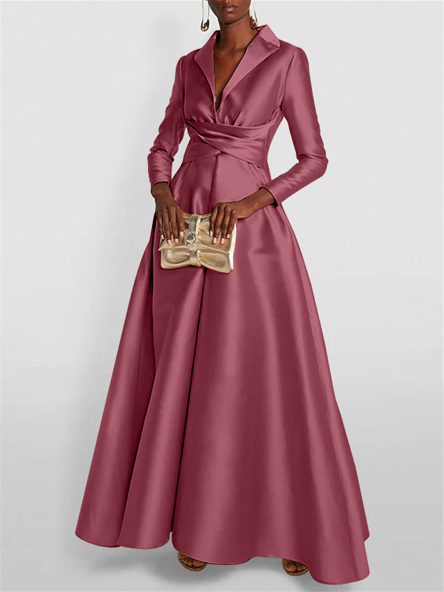 A Line Princess Long Sleeves V Neck Floor Length Evening Dresses