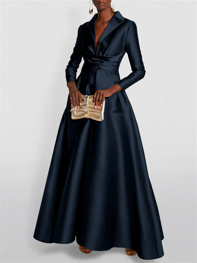A Line Princess Long Sleeves V Neck Floor Length Evening Dresses