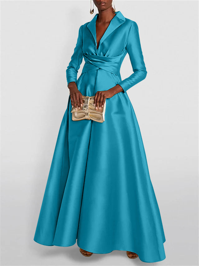 A Line Princess Long Sleeves V Neck Floor Length Evening Dresses