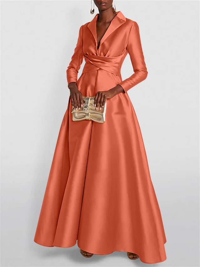 A Line Princess Long Sleeves V Neck Floor Length Evening Dresses