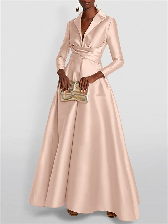 A Line Princess Long Sleeves V Neck Floor Length Evening Dresses