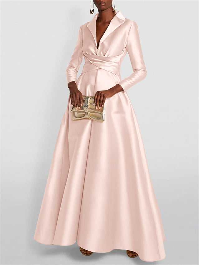 A Line Princess Long Sleeves V Neck Floor Length Evening Dresses