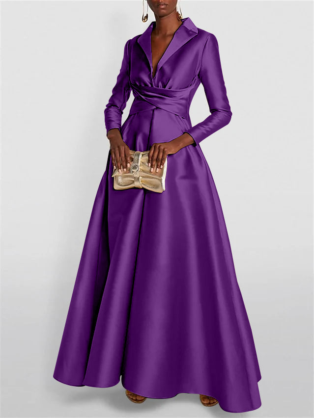 A Line Princess Long Sleeves V Neck Floor Length Evening Dresses