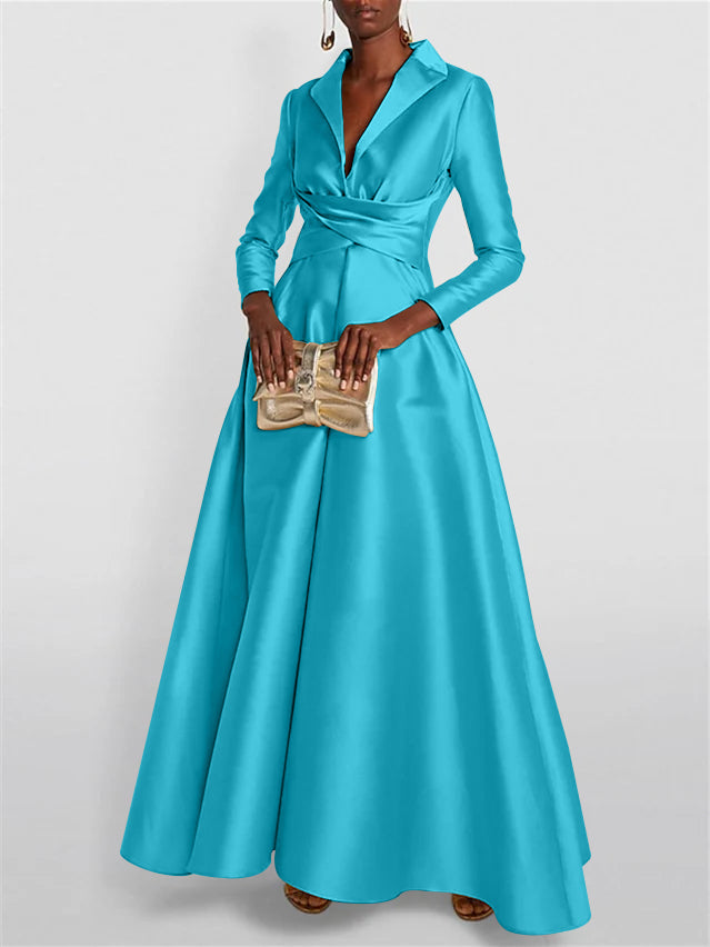 A Line Princess Long Sleeves V Neck Floor Length Evening Dresses
