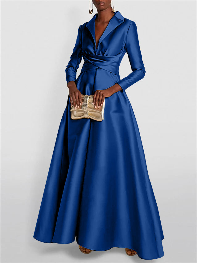 A Line Princess Long Sleeves V Neck Floor Length Evening Dresses