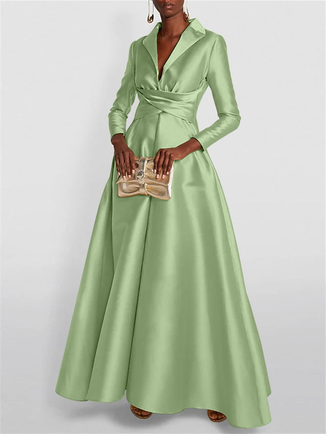 A Line Princess Long Sleeves V Neck Floor Length Evening Dresses