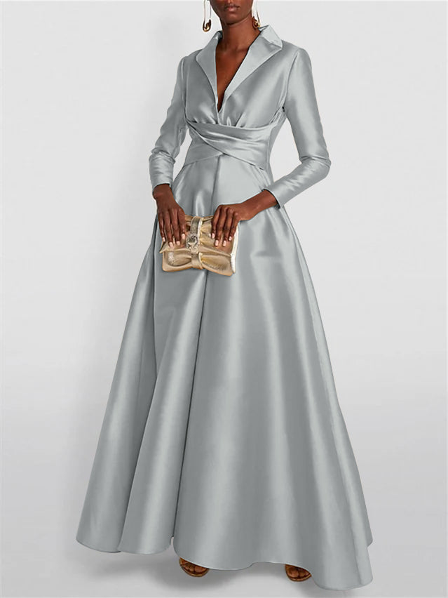 A Line Princess Long Sleeves V Neck Floor Length Evening Dresses