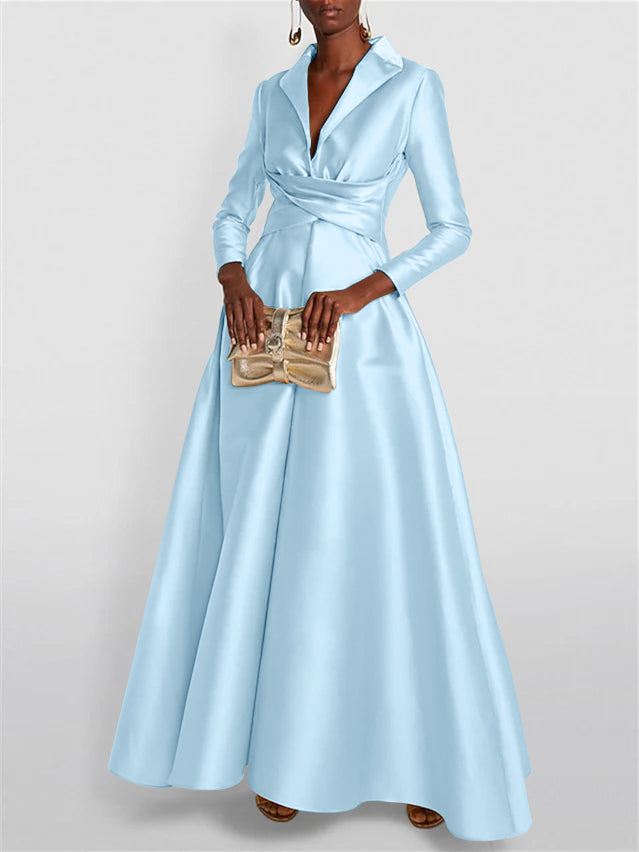 A Line Princess Long Sleeves V Neck Floor Length Evening Dresses