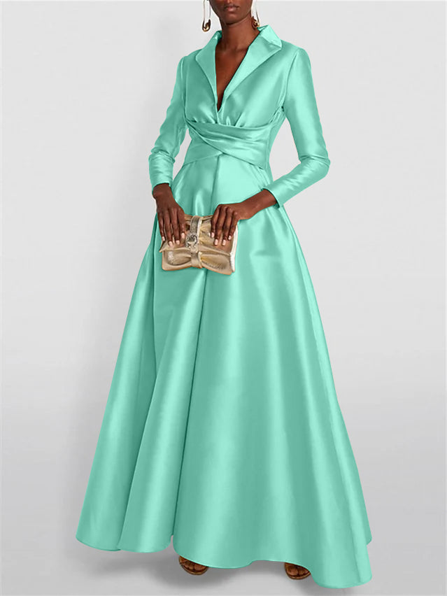 A Line Princess Long Sleeves V Neck Floor Length Evening Dresses