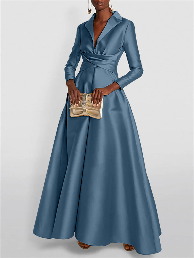 A Line Princess Long Sleeves V Neck Floor Length Evening Dresses