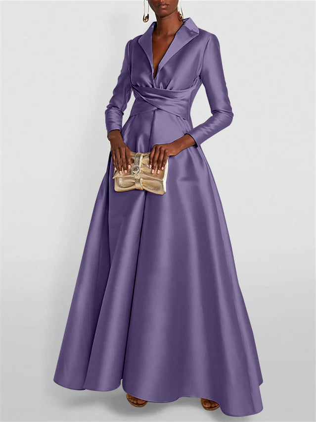A Line Princess Long Sleeves V Neck Floor Length Evening Dresses