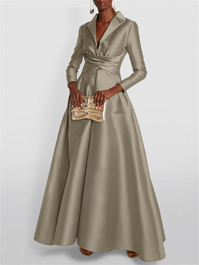 A Line Princess Long Sleeves V Neck Floor Length Evening Dresses