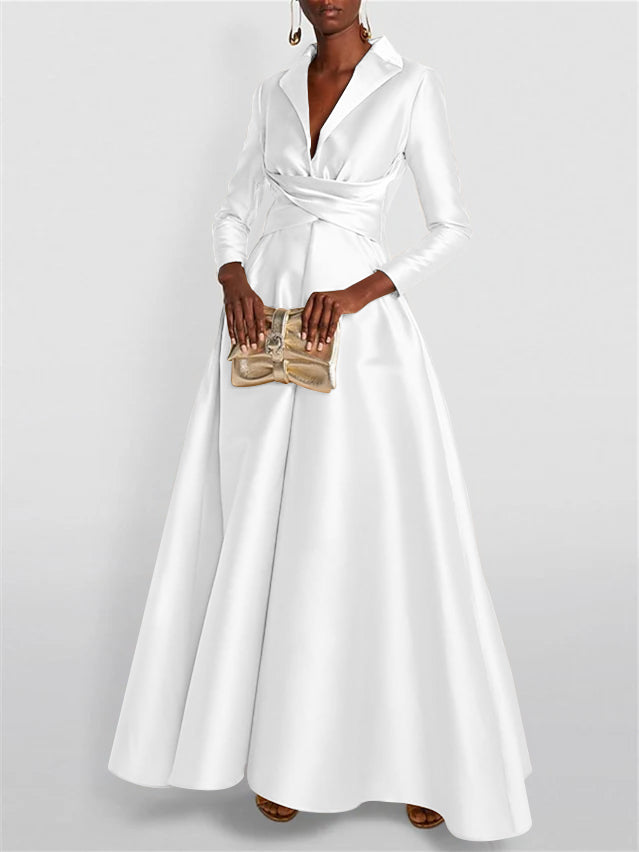 A Line Princess Long Sleeves V Neck Floor Length Evening Dresses