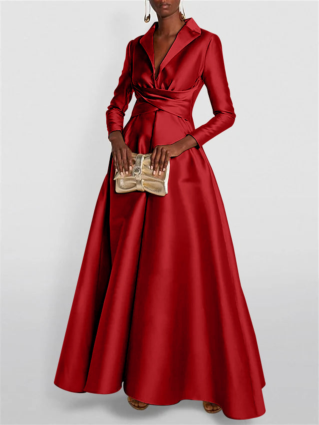 A Line Princess Long Sleeves V Neck Floor Length Evening Dresses