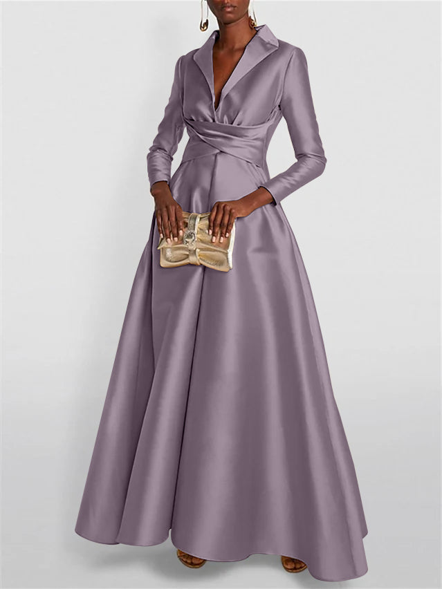 A Line Princess Long Sleeves V Neck Floor Length Evening Dresses