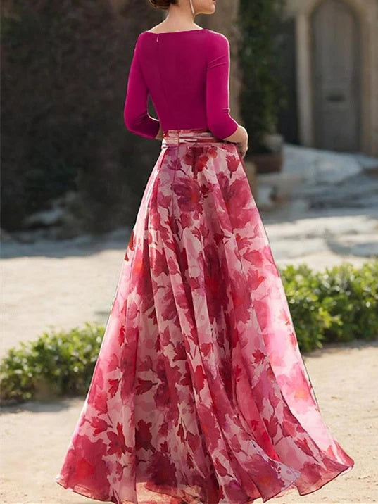 A Line Princess V Neck 3 4 Sleeves Floral Mother Of The Bride Dresses