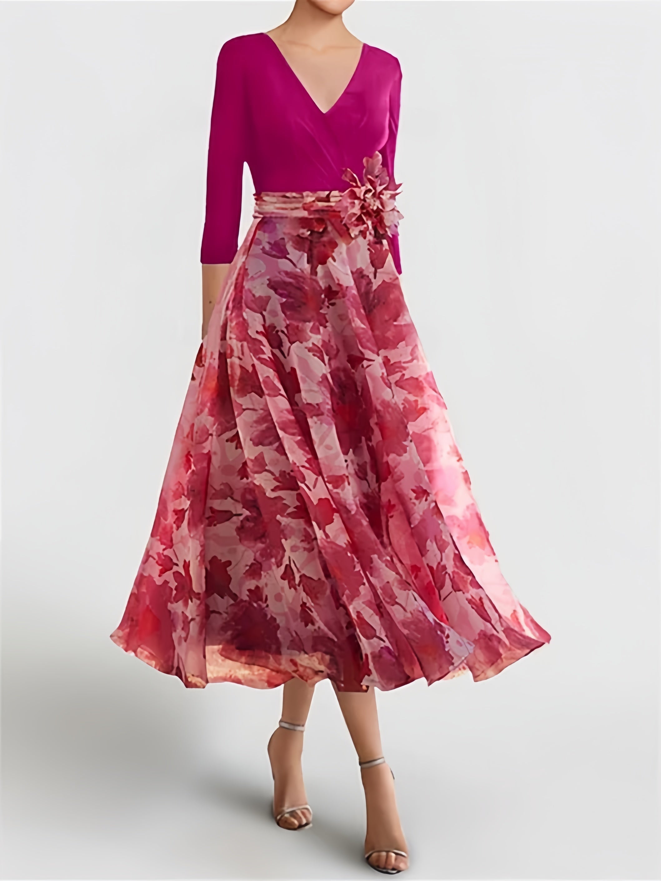 A Line Princess V Neck 3 4 Sleeves Ankle Length Floral Mother Of The Bride Dresses