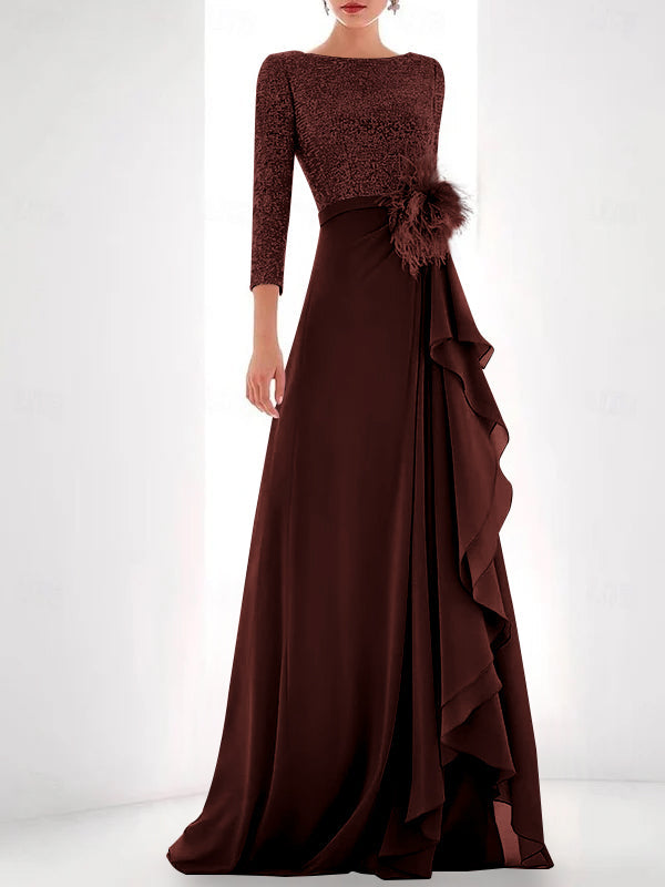A Line Princess Jewel Neck Long Sleeves Asymmetrical Mother Of The Bride Dresses With Sequin Feather Pearls