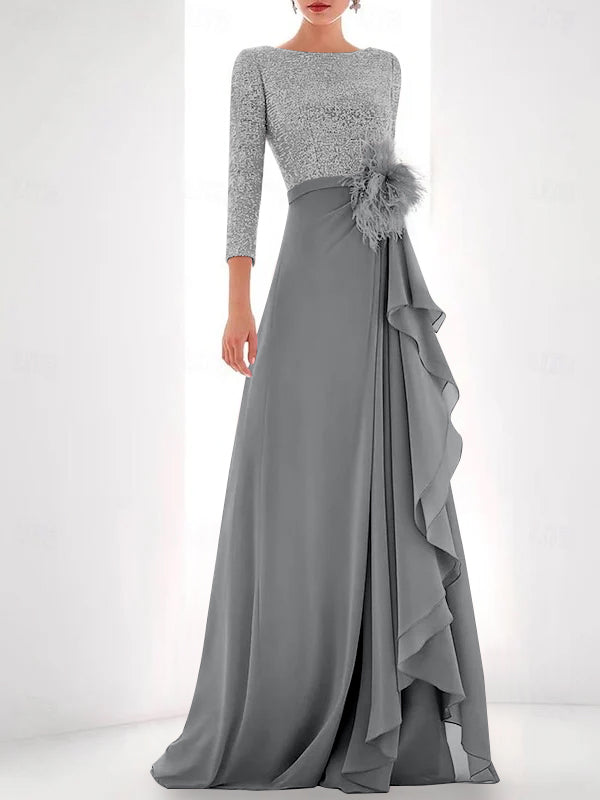 A Line Princess Jewel Neck Long Sleeves Asymmetrical Mother Of The Bride Dresses With Sequin Feather Pearls