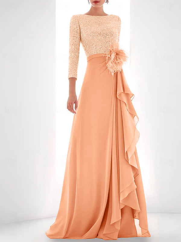 A Line Princess Jewel Neck Long Sleeves Asymmetrical Mother Of The Bride Dresses With Sequin Feather Pearls