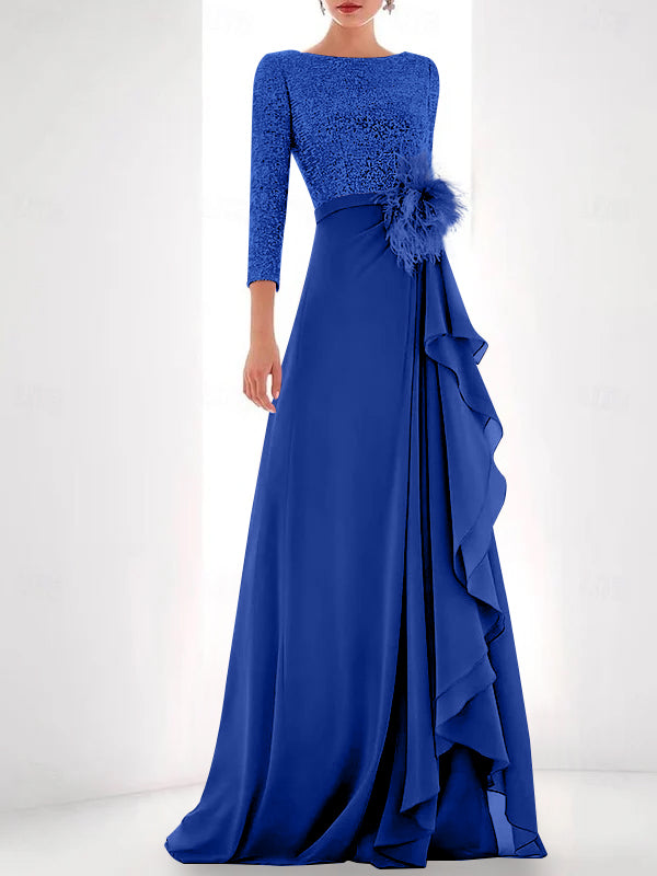 A Line Princess Jewel Neck Long Sleeves Asymmetrical Mother Of The Bride Dresses With Sequin Feather Pearls