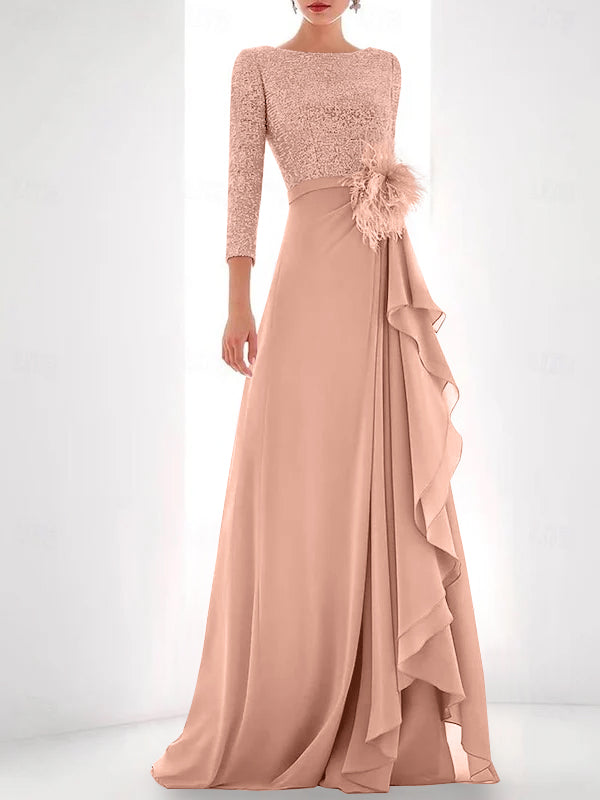 A Line Princess Jewel Neck Long Sleeves Asymmetrical Mother Of The Bride Dresses With Sequin Feather Pearls
