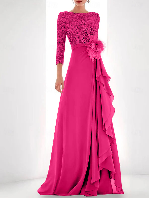A Line Princess Jewel Neck Long Sleeves Asymmetrical Mother Of The Bride Dresses With Sequin Feather Pearls