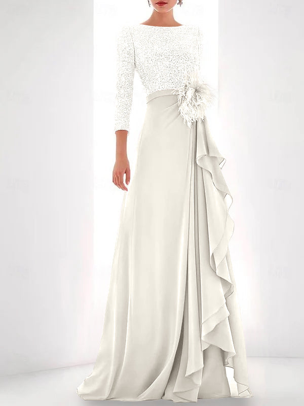 A Line Princess Jewel Neck Long Sleeves Asymmetrical Mother Of The Bride Dresses With Sequin Feather Pearls