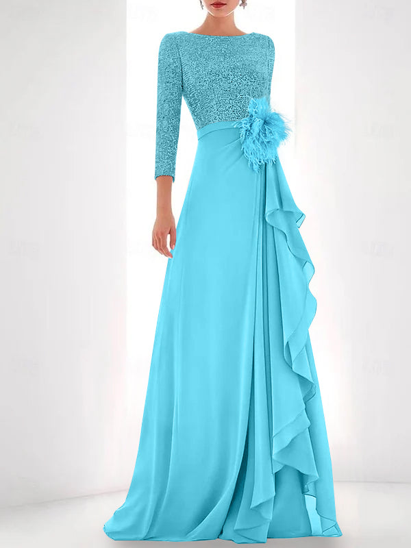 A Line Princess Jewel Neck Long Sleeves Asymmetrical Mother Of The Bride Dresses With Sequin Feather Pearls