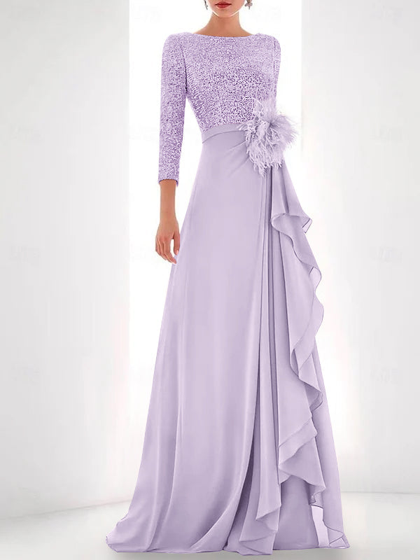 A Line Princess Jewel Neck Long Sleeves Asymmetrical Mother Of The Bride Dresses With Sequin Feather Pearls
