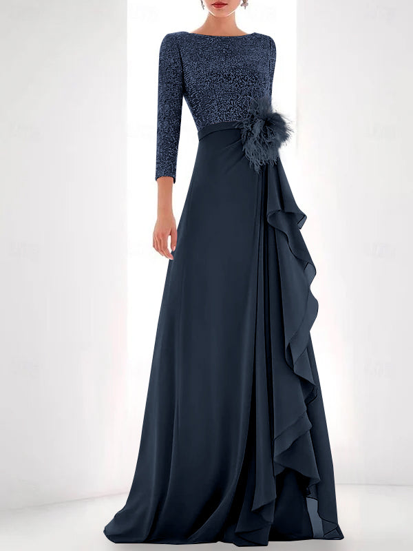 A Line Princess Jewel Neck Long Sleeves Asymmetrical Mother Of The Bride Dresses With Sequin Feather Pearls