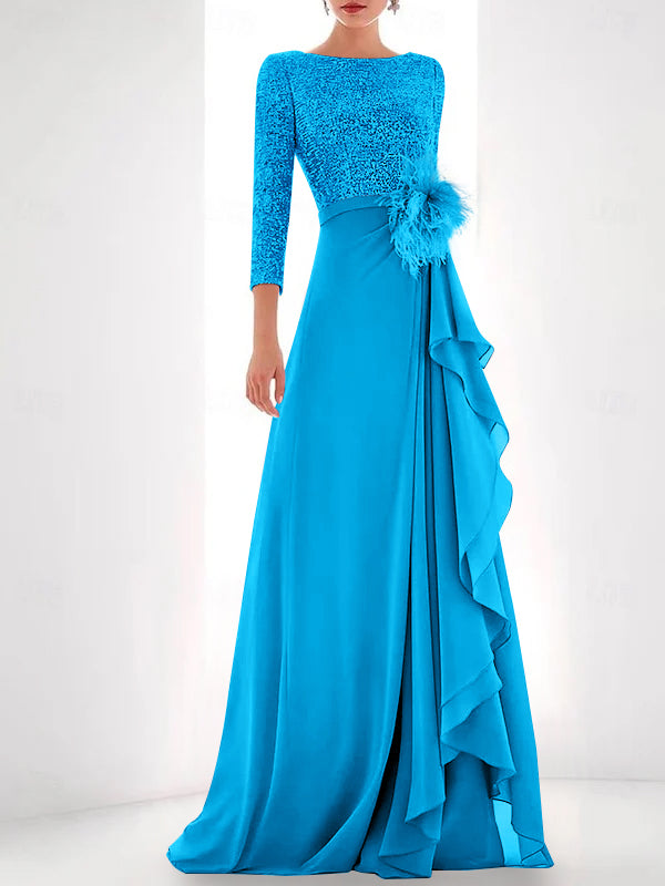 A Line Princess Jewel Neck Long Sleeves Asymmetrical Mother Of The Bride Dresses With Sequin Feather Pearls