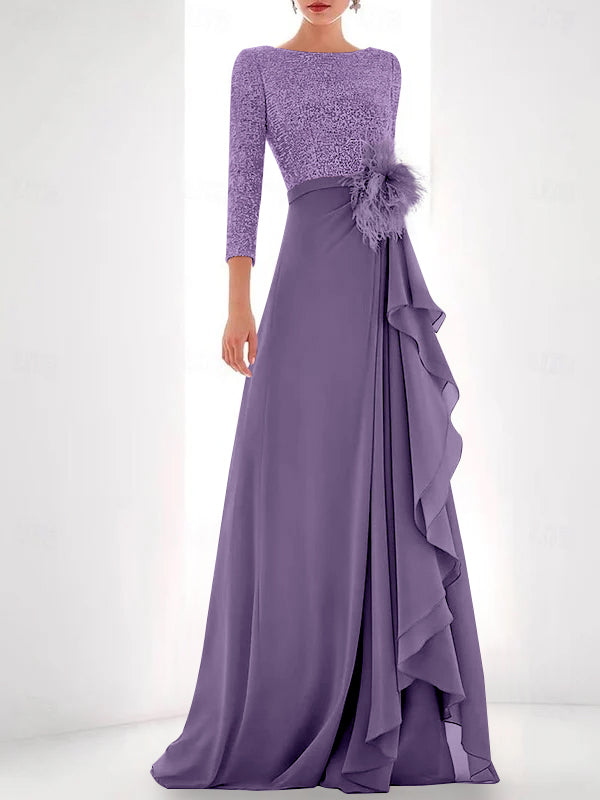 A Line Princess Jewel Neck Long Sleeves Asymmetrical Mother Of The Bride Dresses With Sequin Feather Pearls