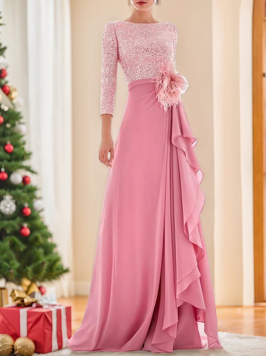 A Line Princess Jewel Neck Long Sleeves Asymmetrical Mother Of The Bride Dresses With Sequin Feather Pearls