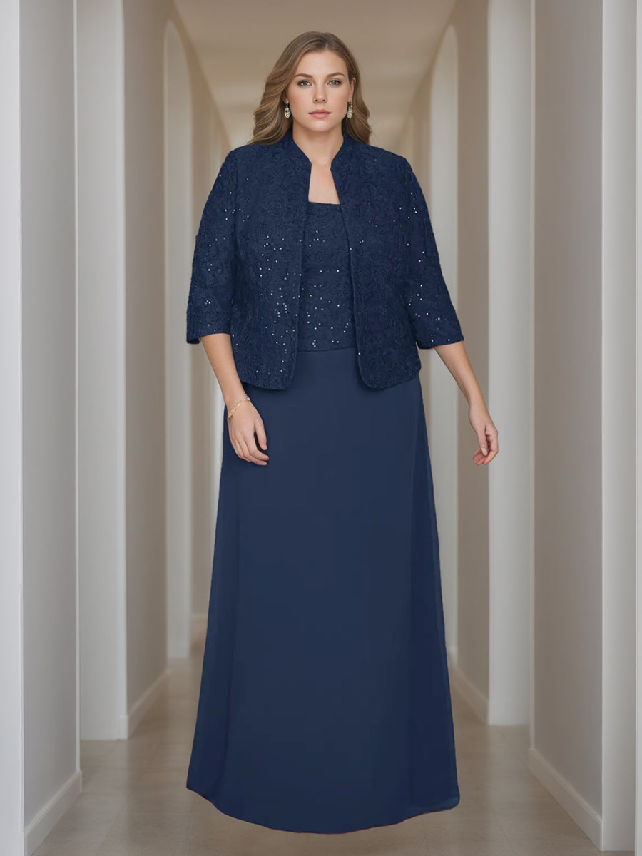 Sheath Column 2 Pieces Square Neck 3 4 Length Sleeves Floor Length Mother Of The Bride Dresses With Jacket Lace Sequins