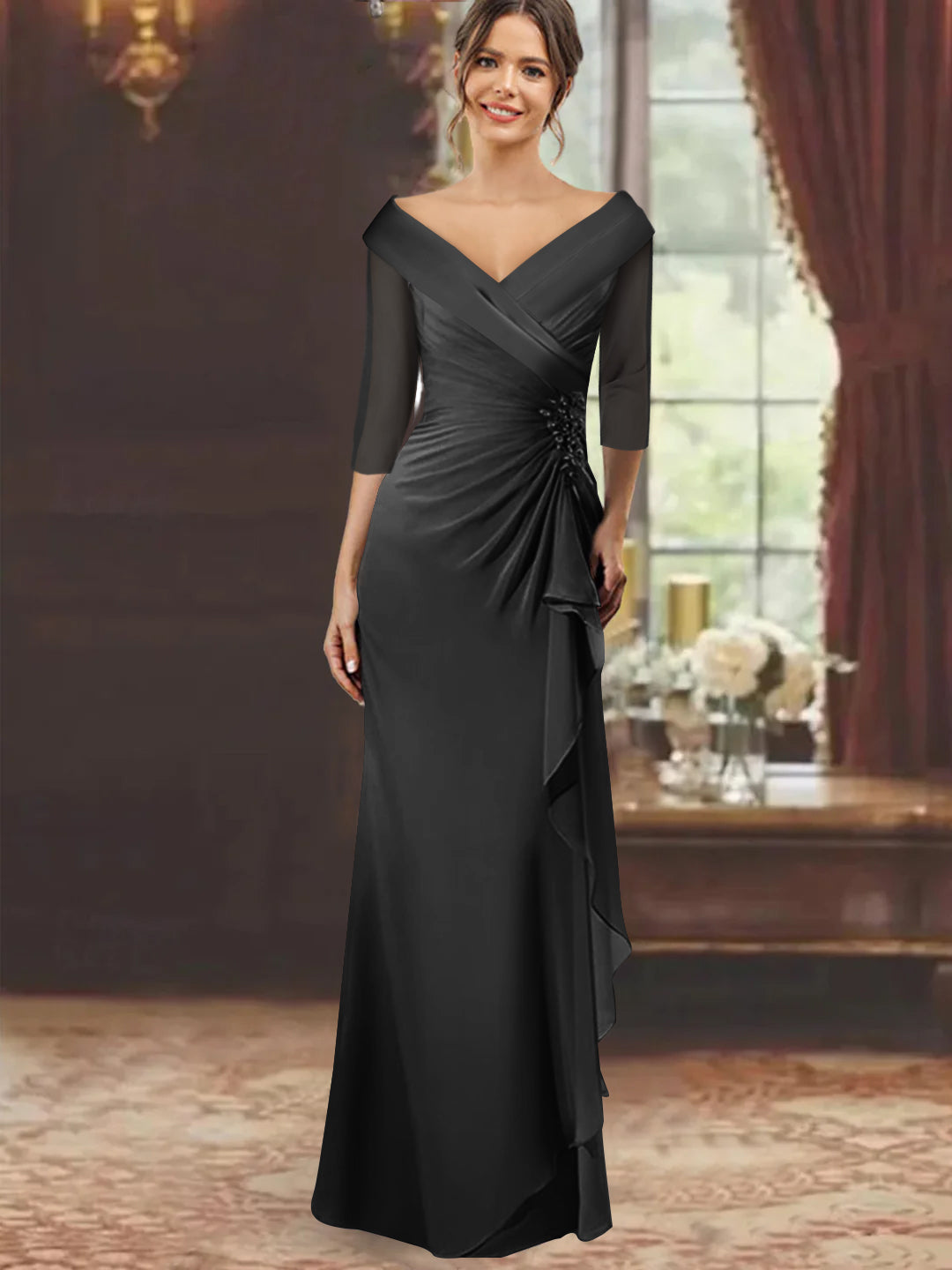Sheath Column V Neck Half Sleeves Floor Length Mother Of The Bride Dresses With Ruffles Appliques